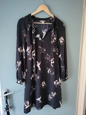 H&M Size 10 Black Long Sleeve Knee Length Bird Print Dress (723/29/v)