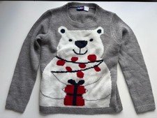 Kids Christmas Jumper, Grey. Polar Bear + Press Light Up Fairy Lights. 4-6 Years