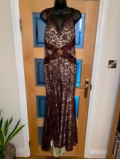 TERANI BROWN AND GREEN LACE FULL LENGTH LACE AND SILK EVENING DRESS SIZE 12