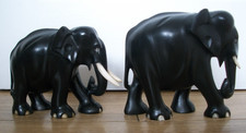 ANTIQUE  EBONY  HAND CARVED WOODEN ELEPHANTS  BULL WITH  COW