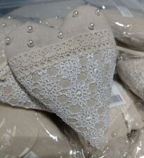 2 x FABRIC LACE & FAUX PEARL HANGING HEART CUSHIONS RUSTIC WEDDING SHABBY CHIC