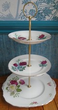 3 tier china cake stand Part mismatched plates with Red and pink roses