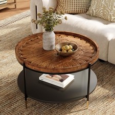 Solid Wood Round Coffee Table, 31.5-Inch Boho Center Tea Table with Metal Frame