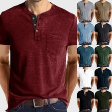 Men Short Sleeve Casual T Shirt Henley Grandad Button V Neck Solid Shirts Tops