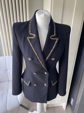ZARA BLACK GOLD NAUTICAL PIPING BLAZER JACKET SIZE S SMALL 6 8 DOUBLE BREASTED