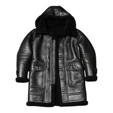 Men's Leather Sheepskin Duffle Coat Black / Black Fur Hooded 100% Shearling Ivar