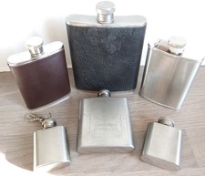 JOBLOT OF STAINLESS STEEL HIPFLASKS incl MINIATURES, JACK DANIELS, LEATHER COVER