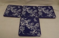 Set of 4 Vintage-Style Blue Floral Bird Coasters – Cork Backed – Good Condition