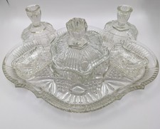 Vintage Art Deco Clear Pressed Glass Dressing Table / Vanity Set 6 Pieces