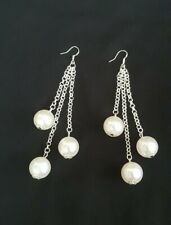 Alex Polizzi Style Long Earrings ~  ivory,cream big pearls & 925 Sterling Silver
