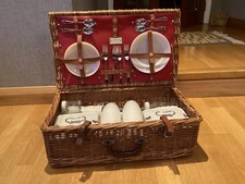 Vintage Coracle picnic set for four in wicker basket.  Bandalasta ware set.