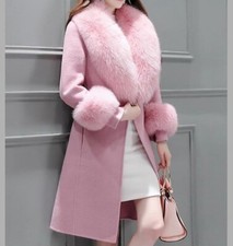 Women's Faux Fur Collar Wool Long Coat Jacket Winter Belt Outwear Overcoat HOT