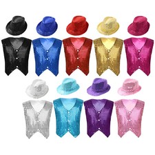 Boys Girls Sparkly Choir Jazz Dance Waistcoat Vest with Hat Modern Party Costume