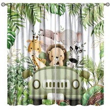Jungle Safari Baby Curtains, Safari Animals Tropical Natural Green Plants Bra...
