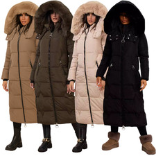 JESS Women's Long Puffer Coat With Faux Fur Hood & Zip Pockets Sizes S-2XL 8-16
