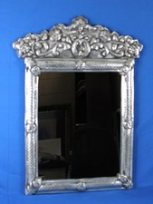 Mid Century Rectangular Mirror Wall Hanging Repoussé Mexican Pewter Mirror Rare