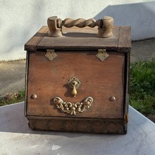 Antique Hand-Carved Wooden Coal Scuttle Box w/ Twisted Handle & Brass Hardware