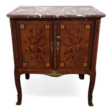 Antique marble top cabinet - French floral marquetry double door cupboard