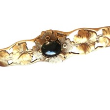 Art Nouveau Black Onyx Cabochon Stone Brass Repousse Bar Pin Broocn