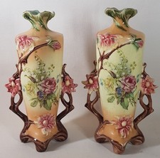 Pair of Antique C1910 Bohemian Art Nouveau Organic Flower & Branch 25cm vases