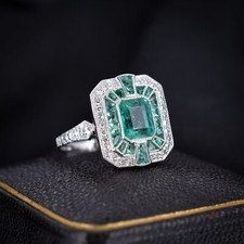 Art Deco Style Natural Colombian Emerald and Diamond Platinum Cocktail Ring