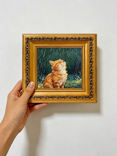Orange cat enjoying rain - enjoying,