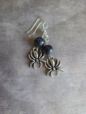 Halloween Spider Black Jasper Dangle Earrings On Silver Plated Posts Handmade