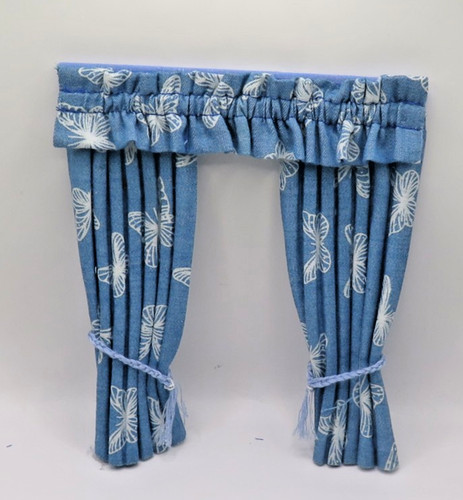 Dolls house curtains blue - house,