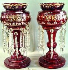 Pair Antique English Victorian Ruby Glass Lustres-FREEdlvry