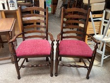 Vintage Brown Wooden High Ladder Back Carver Dining Chairs x 2 Red Fabric Seats