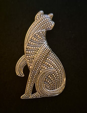 Large Feline Egyptian Revival Silver Tone Big Cat Brooch Vintage Inspired