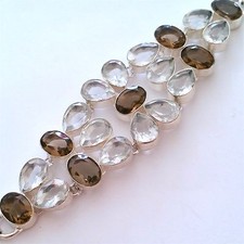 925 SILVER HANDCRAFTED GEMSTONE BRACELET: BLUE TOPAZ SMOKY QUARTZ.