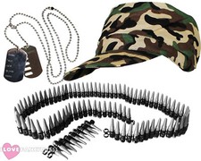 ARMY CAP BULLET BELT AND DOG TAG NECKLACE MILITARY SOLDIER FANCY DRESS CAMO