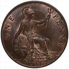 1917 Great Britain George V 1 Penny Coin (Dies 2+B)