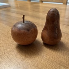 Apple & Pear Wood Turned Ornaments Hand Carved Wooden Fruit Vintage Decor 