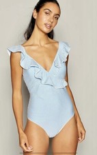 Floozie Blue Stripe Non-Wired Ruffle Frill  Swimsuit UK 18