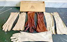 Long Gloves Woman  Kid Leather Fabric Handmade  In original box Antique 3+.