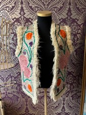 Vintage 1970s Embroidered Afghan Shearling Sheepskin Waistcoat Gilet Size Medium