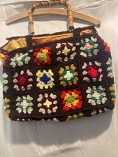 Vintage Knitting Sewing Craft Tote Bag Crochet Patchwork Pattern Bamboo handle