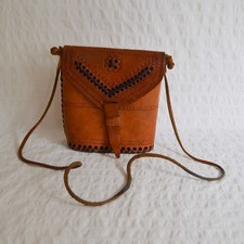 Vintage Tooled Leather Bag Shoulder Cross Body Small Tan Brown Leather