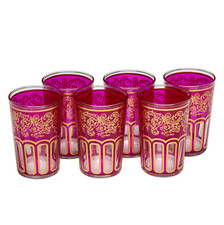Moroccan Tea Glasses Fuchsia Pink Rose Classical Design Hand Painted Pack of 6