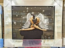 SITTING ANGEL WITH WHITE WINGS MODERN GLITTER LIQUID ART WALL ART CHROME LOOK