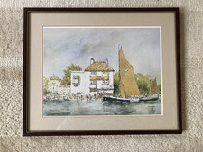 Vintage framed print by Gerald Edwin Tucker of The White Hart and a Thames Barge