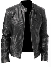 Men Vintage Cafe Racer Brown Black Leather Casual Slim Fit Real Biker Jackets