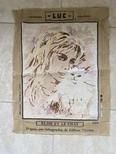Completed  vintage tapestry, lithograph young lady and her cat, pet