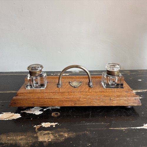Antique oak double inkwell - antique,