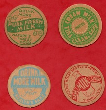 4 Milk Bottle Tops Drink More, Full Cream, Health's Sake & Rinse Bottle - c1950