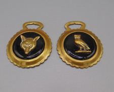 2 x VINTAGE HORSE BRASSES WITH BLACK CERAMIC CENTRE - FOX & OWL