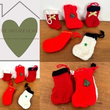 Vintage Handmade Knitted Festive Sock Stocking Decorations Christmas Set Of 5