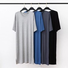 Men Bamboo Nightshirt V-Neck Sleepwear Short Sleeve Nightwear Loose Long Pyjamas